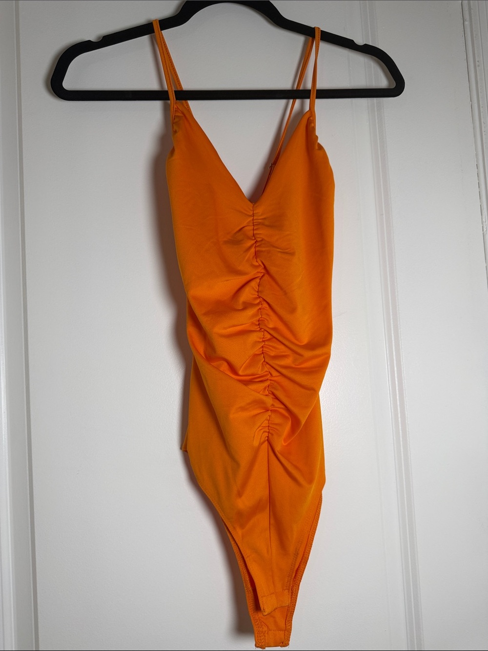 Mango Orange Ruched V‑Neck Bodysuit